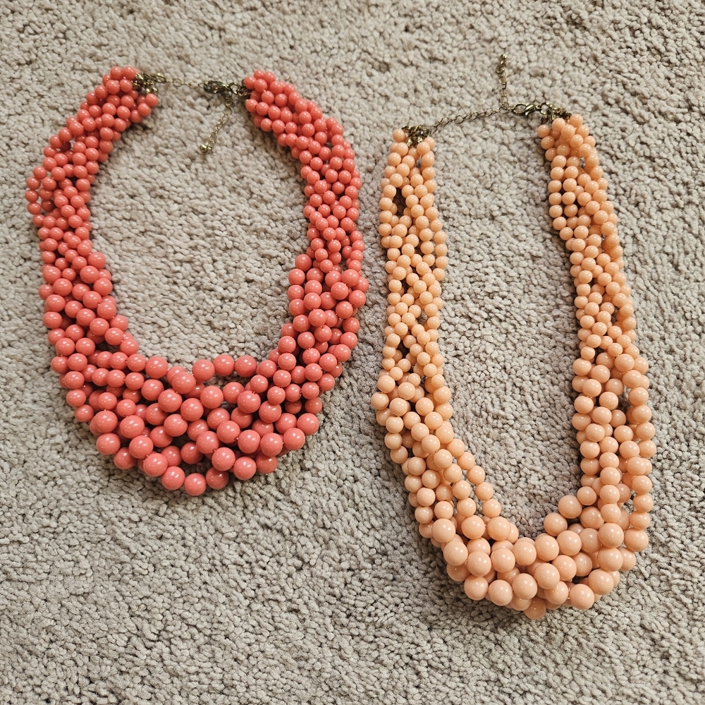 Set of 2 Braided Bubble Chunky Necklaces Coral Pastel Colors Resort Formal Vaca